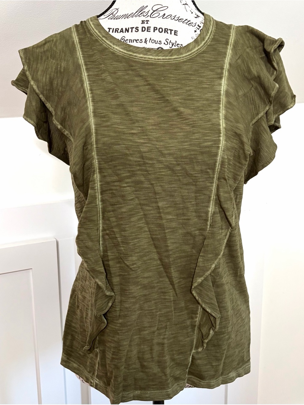 Veronica Beard Jeans Olive Green Ruffle Sleeve Cotten Tshirt Sz M